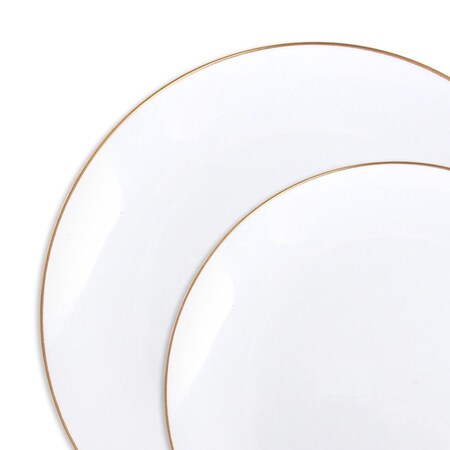 Smarty Had A Party White with Gold Rim Organic Round Plastic Dinnerware Set (120 Dinner Plates+120 Salad Plates), 240PK 930WHGVP-CASE